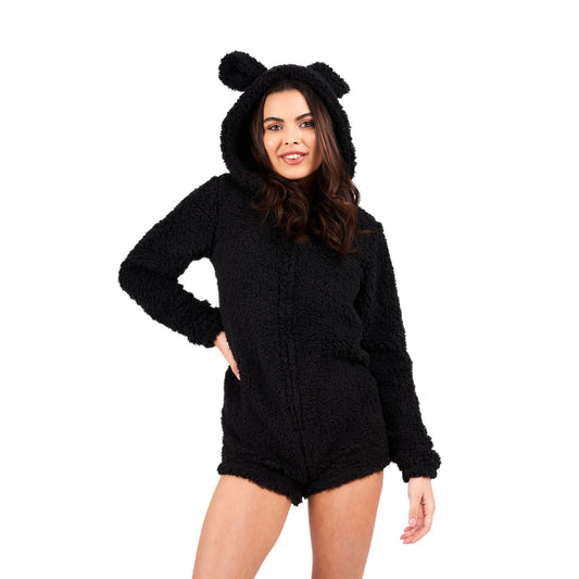 Loungeable Womens Teddy Sherpa Fleece Romper Onesie - Black