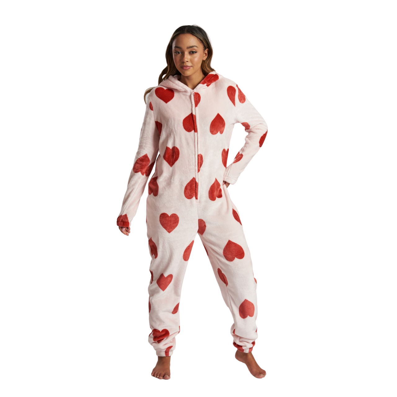 Loungeable Womens Heart Luxury Fleece Onesie - Pink