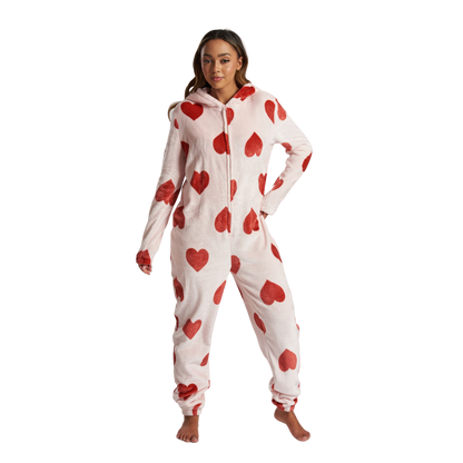 Loungeable Womens Heart Luxury Fleece Onesie - Pink