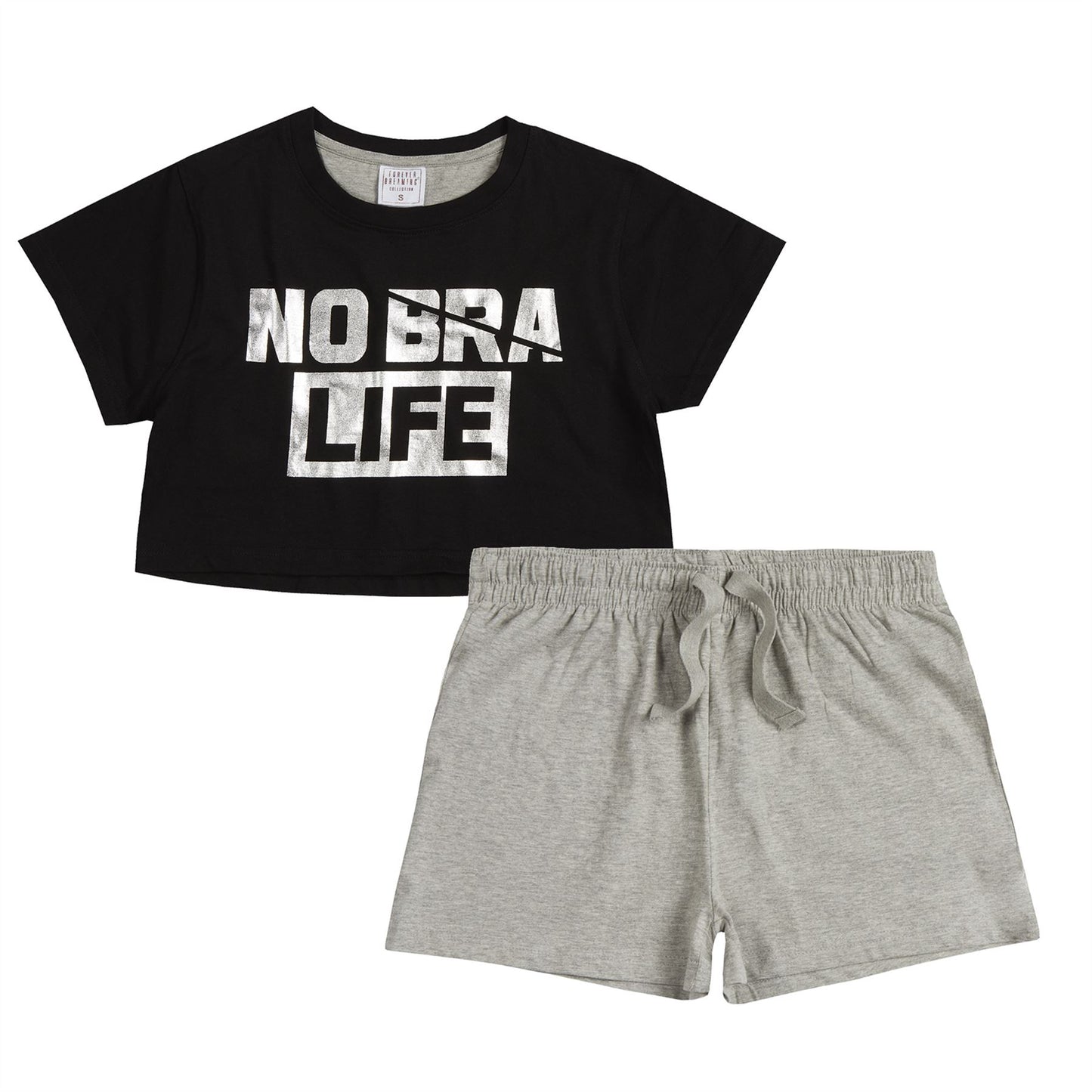Forever Dreaming Womens 'No Bra Life' Crop Top/Shorts - Black/Grey
