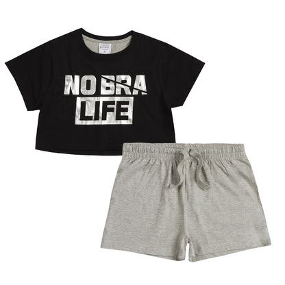 Forever Dreaming Womens 'No Bra Life' Crop Top/Shorts - Black/Grey