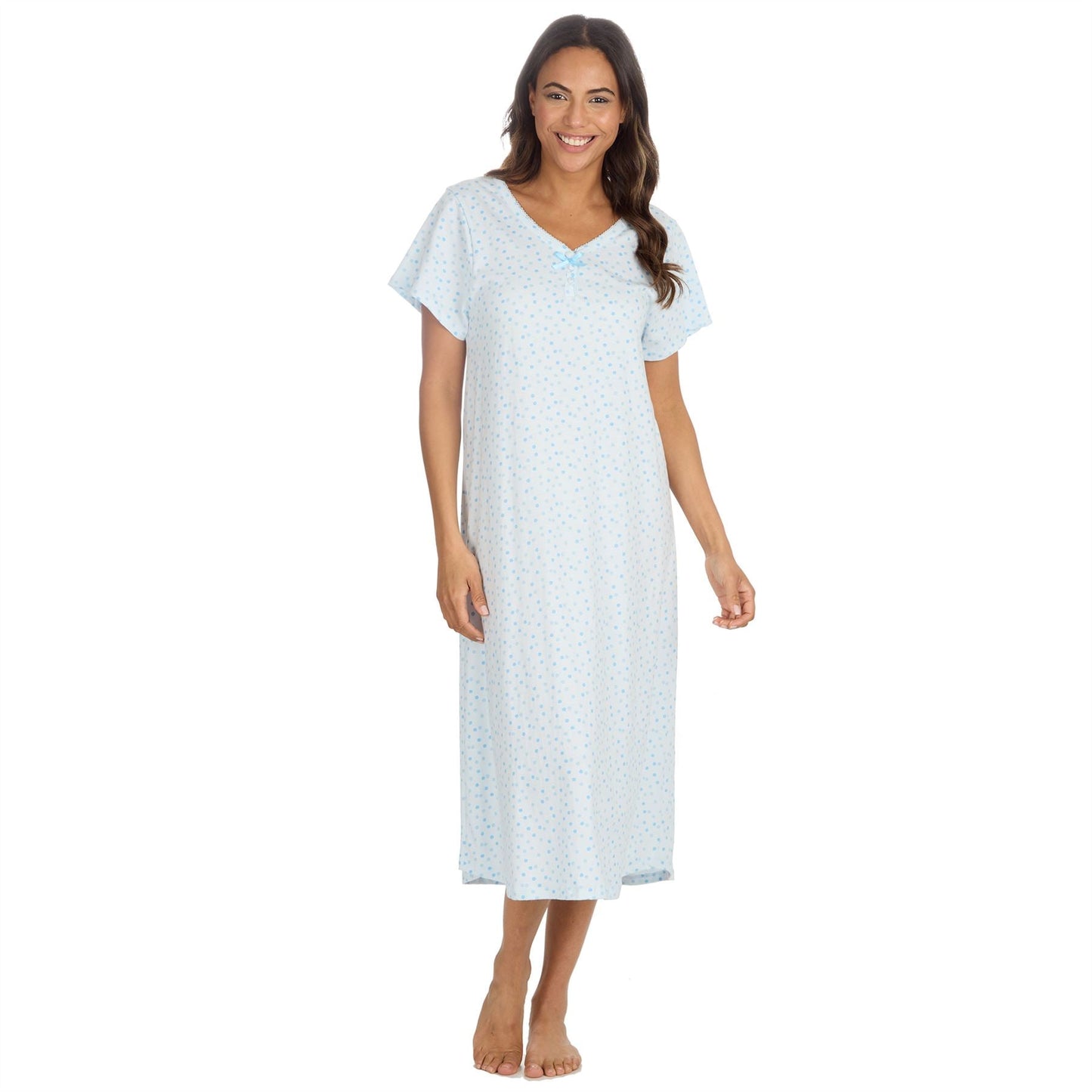 Cottonique Short Sleeve Pastel Spot Longline Nightdress - Blue Cottonique