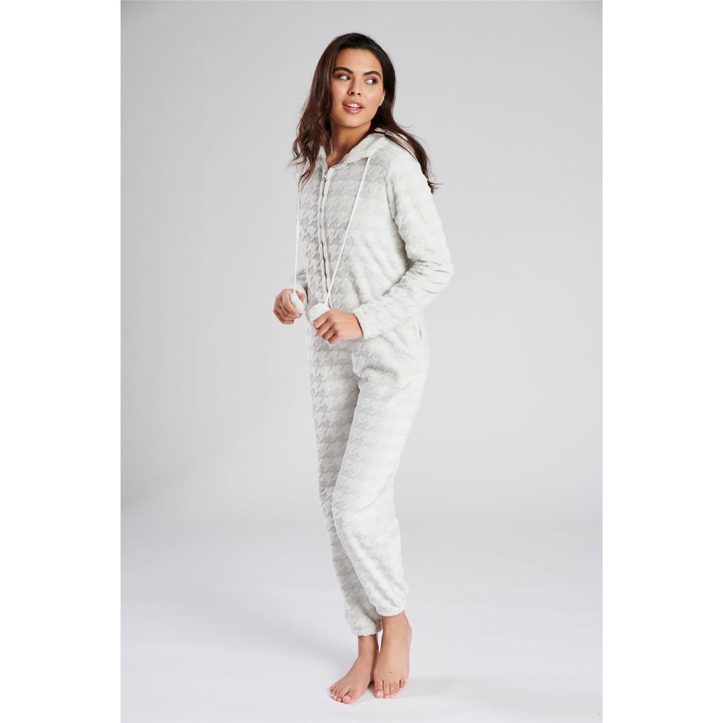 Loungeable Womens Houndstooth Fleece Onesie - Grey