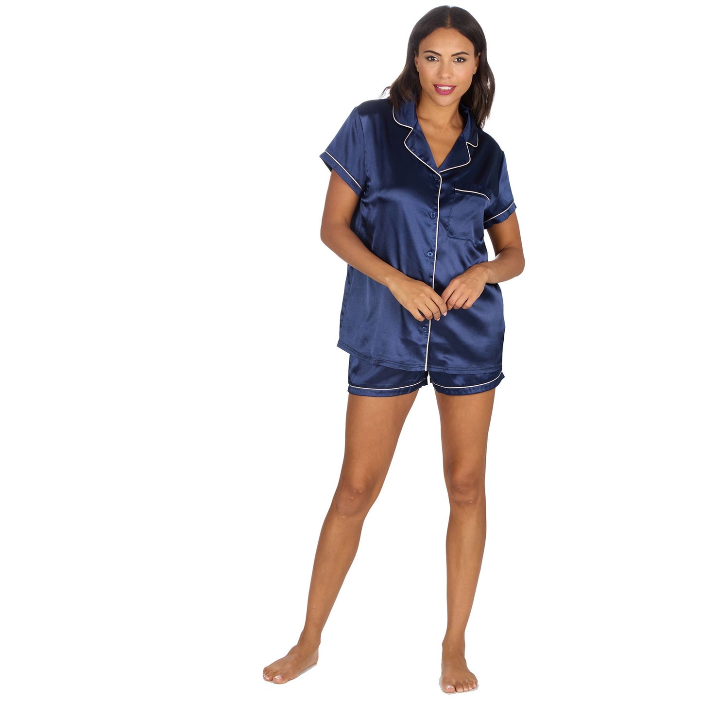 Slumber Party Womens Satin Pyjama Top and Shorts - Navy