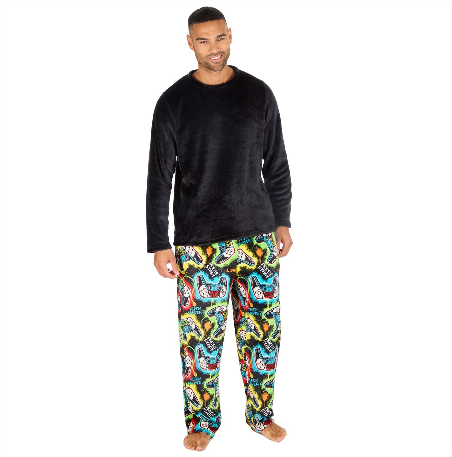 Cargo Bay Mens Fleece Pyjamas - Black/Gamer Print