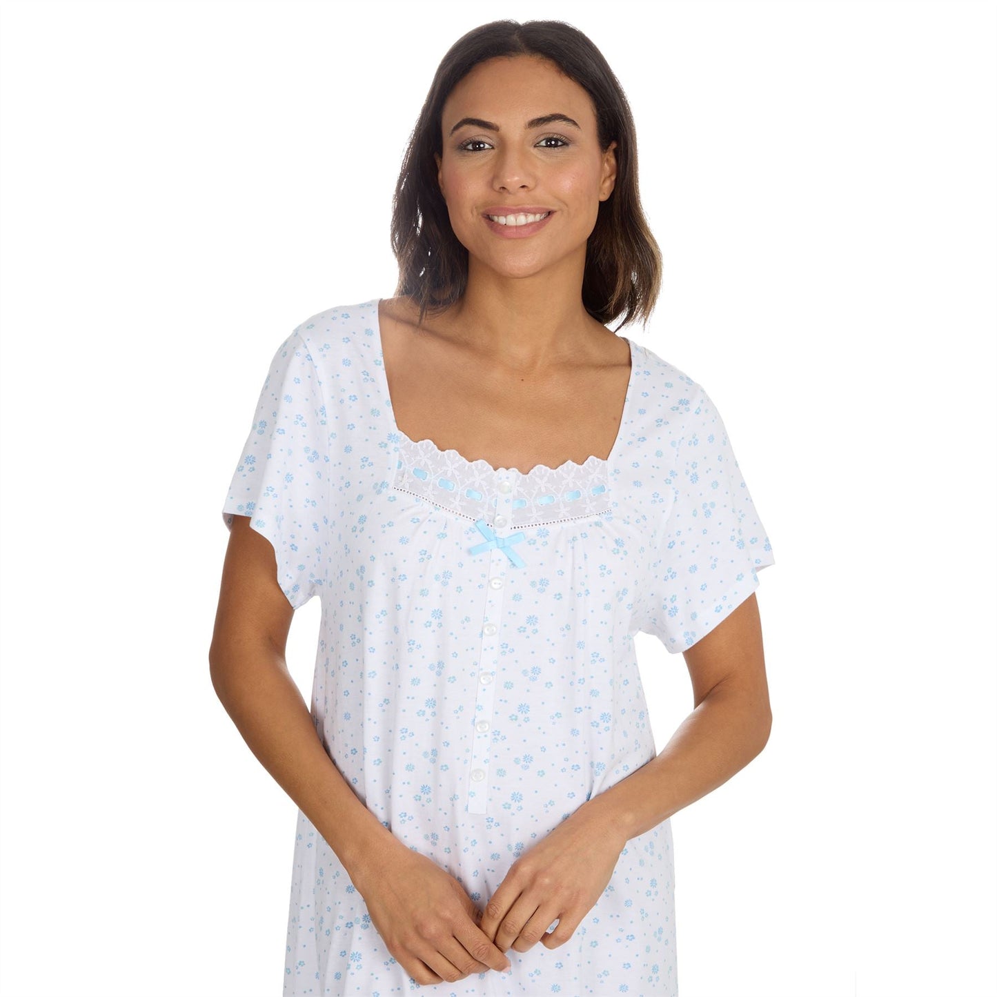Cottonique Short Sleeve Floral Nightdress - White/Blue Cottonique