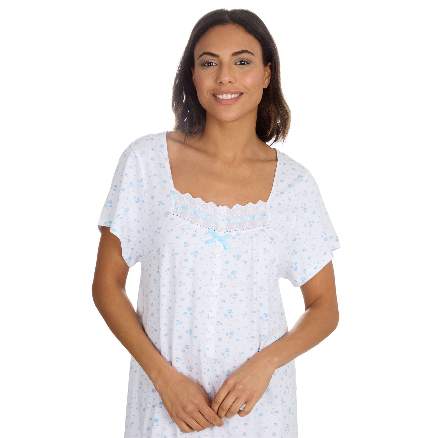 Cottonique Short Sleeve Floral Nightdress - White/Blue Cottonique