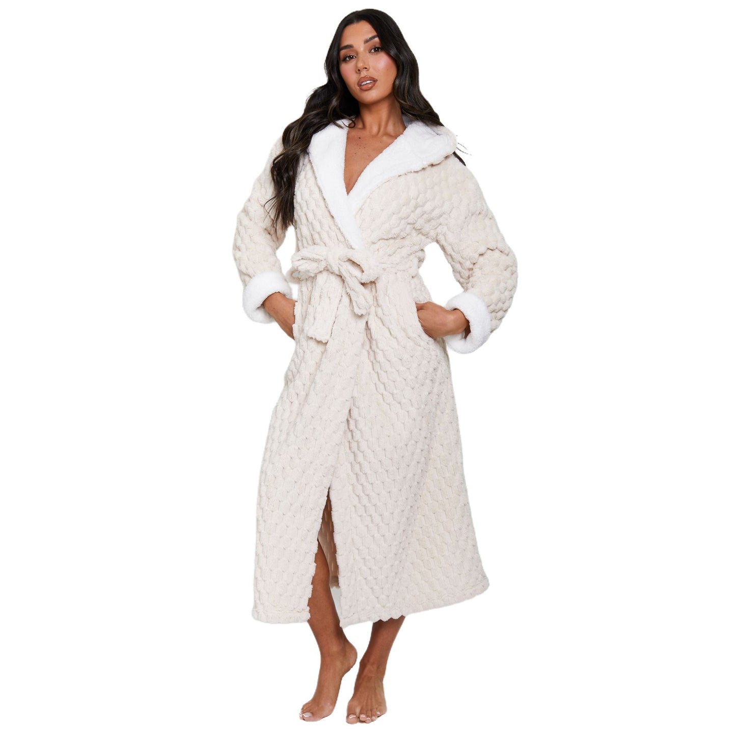 Loungeable Luxury Geometric Fleece Hooded Maxi Robe - Cream