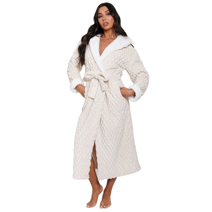 Loungeable Luxury Geometric Fleece Hooded Maxi Robe - Cream