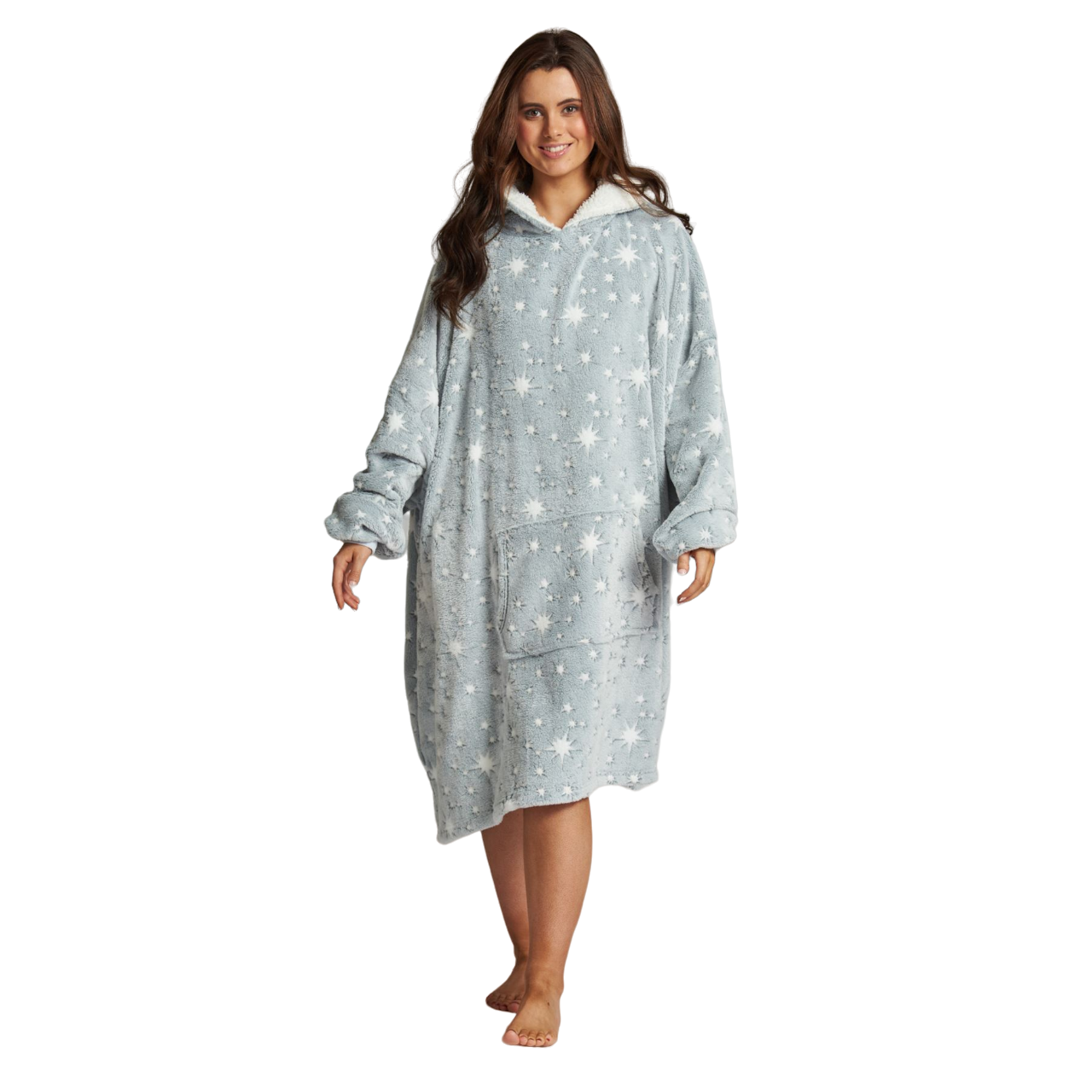 Loungeable Womens Sparkle Star Luxury Fleece Snuggle Hoodie - Grey