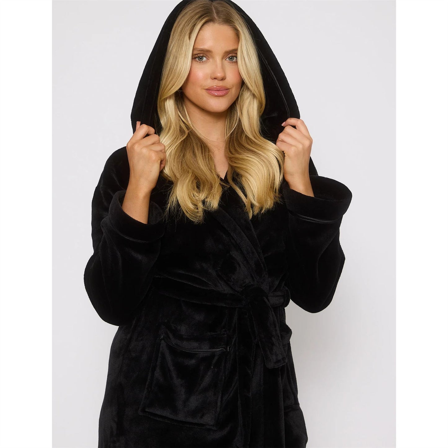 Loungeable Ribbon Trim Luxury Fleece Hooded Maxi Robe - Black