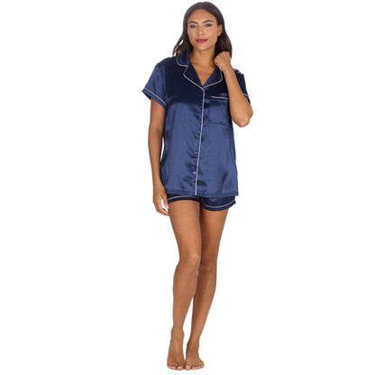 Slumber Party Womens Satin Pyjama Top and Shorts - Navy
