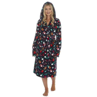 Slumber Party Unisex Christmas Print Flannel Fleece Robe - Navy