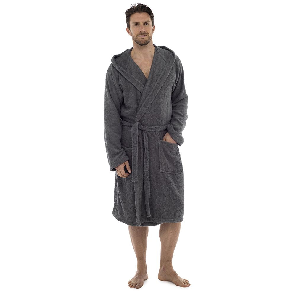 Tom Franks Mens Cotton Hooded Towelling Robe - Grey