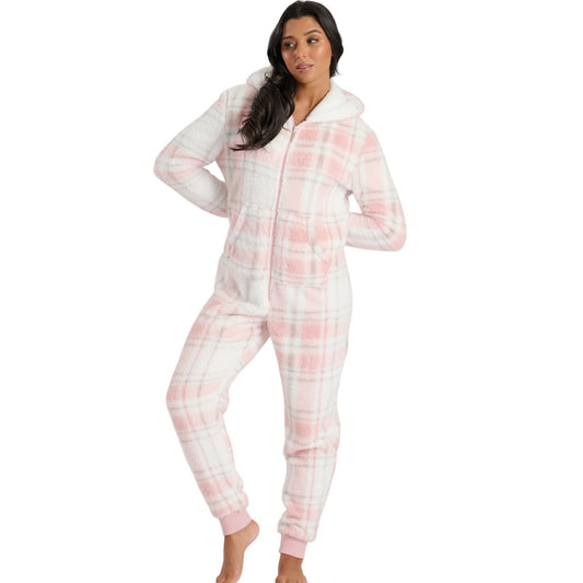 Loungeable Womens Well Soft Check Fleece Onesie - Pink