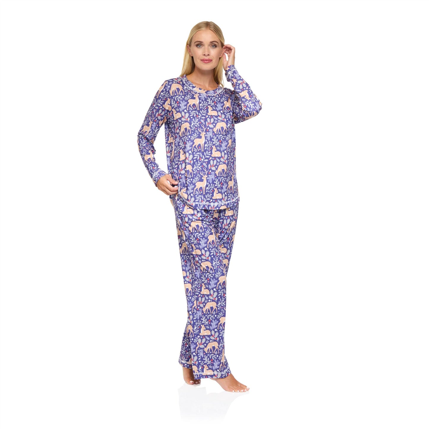 La Marquise Womens Jersey Knit Winter Fawn Pyjamas - Blue