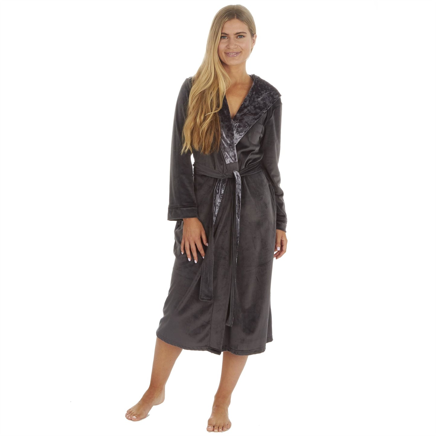 Forever Dreaming Womens Plush Velour Contrast Robe - Charcoal
