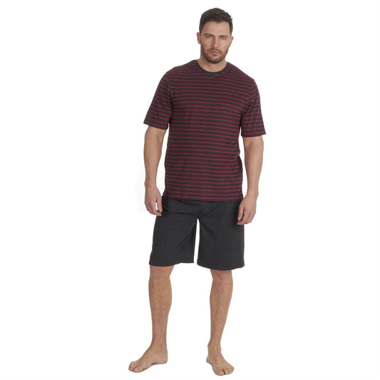 Momentii Mens Yarn Dyed Stripe T Shirt and Shorts - Red