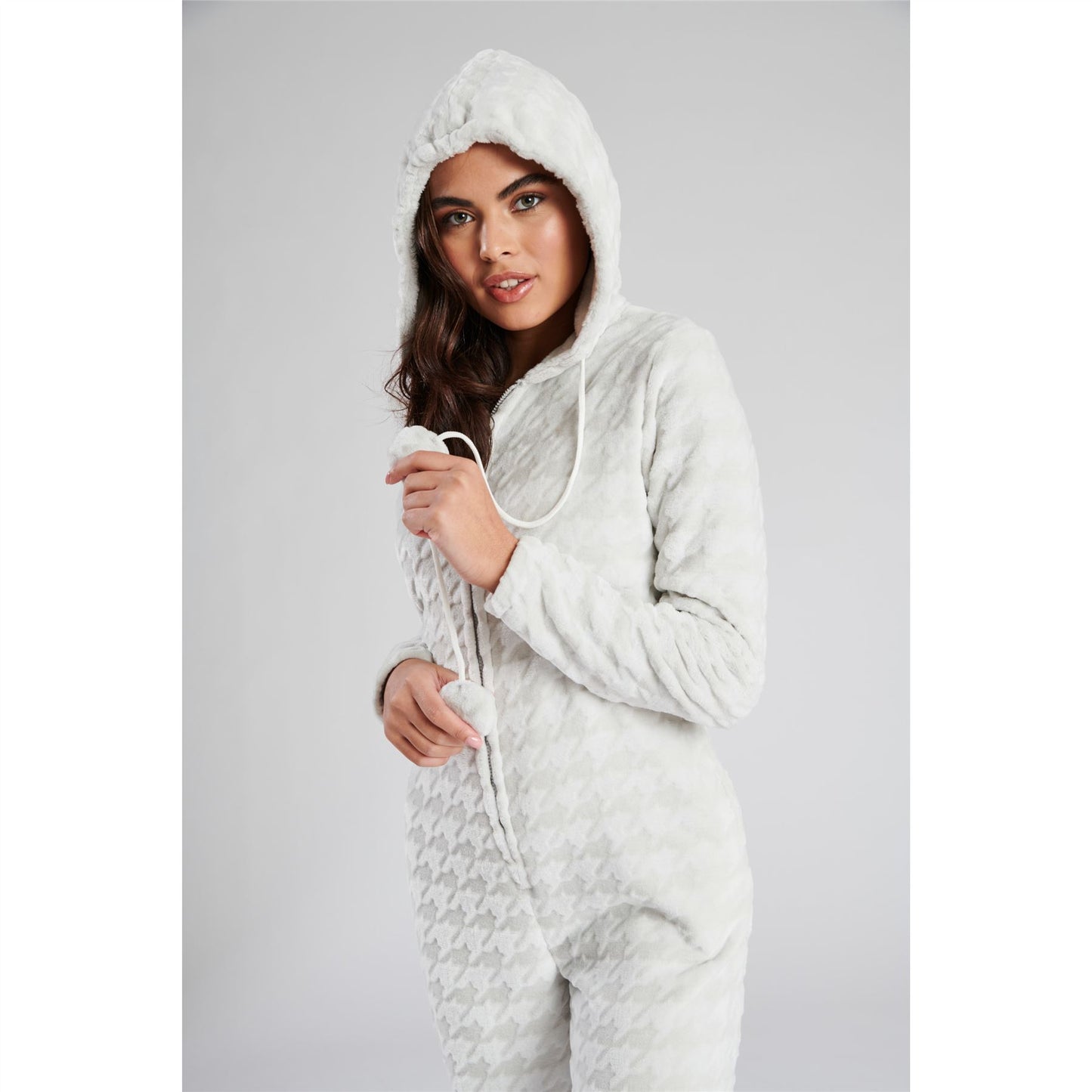 Loungeable Womens Houndstooth Fleece Onesie - Grey