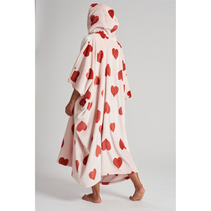 Loungeable Womens Heart Long Luxury Fleece Hooded Poncho - Pink