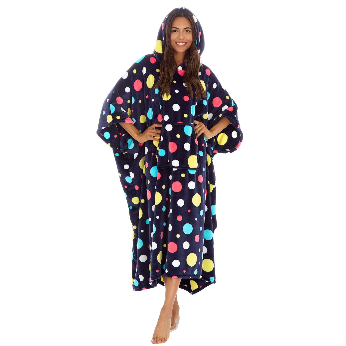 Huggable Hoodie Womens Fleece Oversized Poncho - Navy Spots