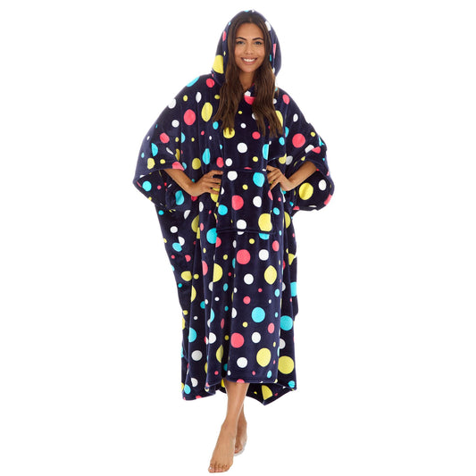 Huggable Hoodie Womens Fleece Oversized Poncho - Navy Spots