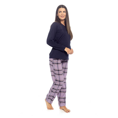 Foxbury Womens Jersey Top and Check Bottoms Pyjama Set - Navy/Lilac