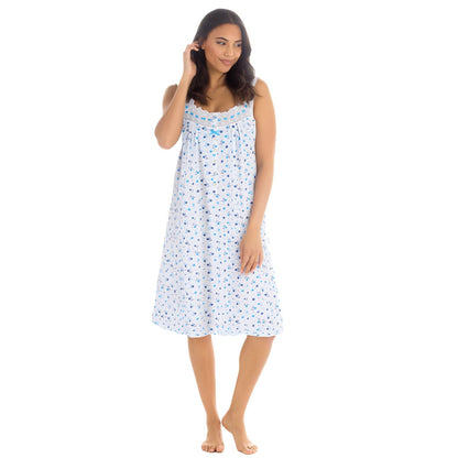 Cottonique Sleeveless Floral Nightdress - White/Blue Cottonique
