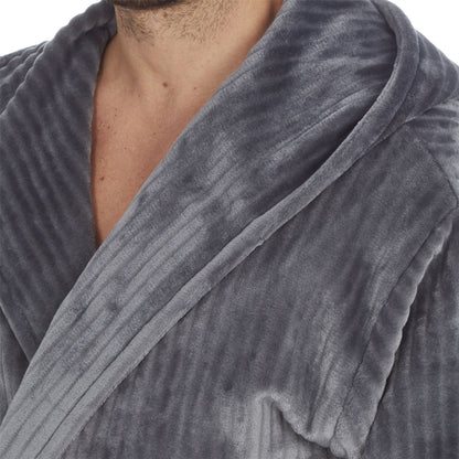 Pierre Roche Mens Vertical Clipped Fleece Hooded Robe - Grey