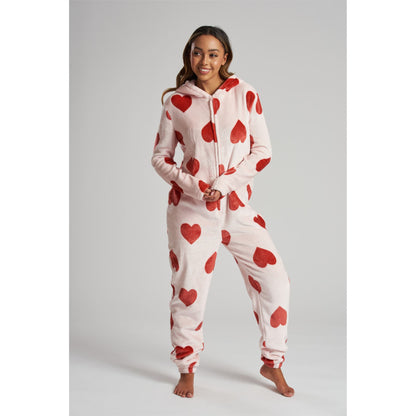 Loungeable Womens Heart Luxury Fleece Onesie - Pink