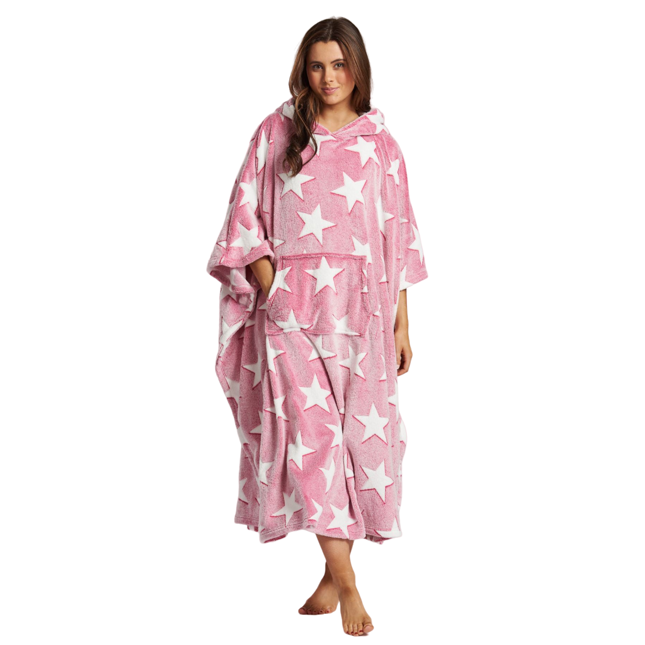 Loungeable Womens Star Long Luxury Fleece Hooded Poncho - Pink
