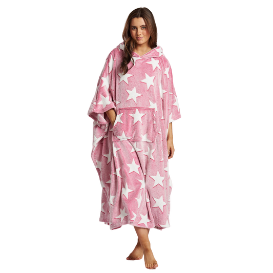 Loungeable Womens Star Long Luxury Fleece Hooded Poncho - Pink
