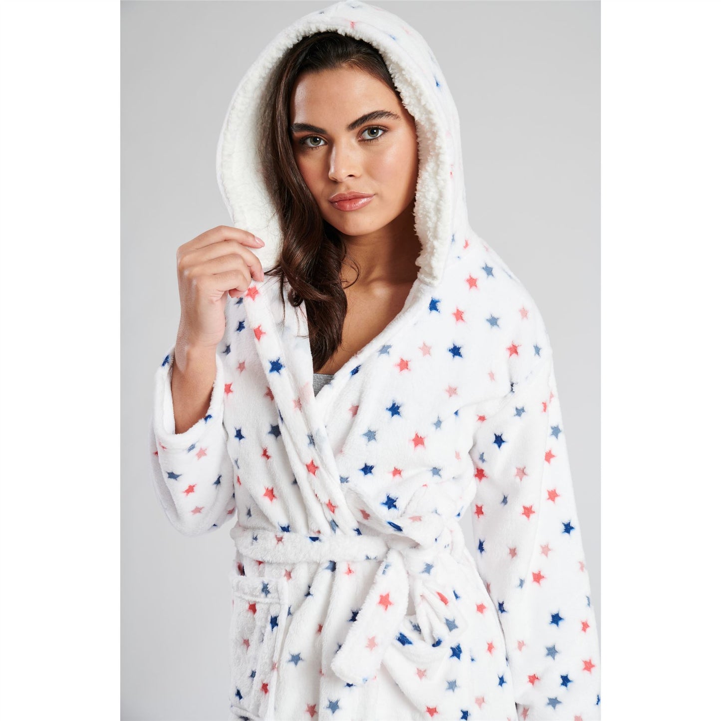 Loungeable Womens Star Embossed Fleece Hooded Robe - White/Multi