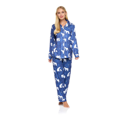 La Marquise Womens Jersey Knit Button Through Polar Bear Pyjamas - Navy