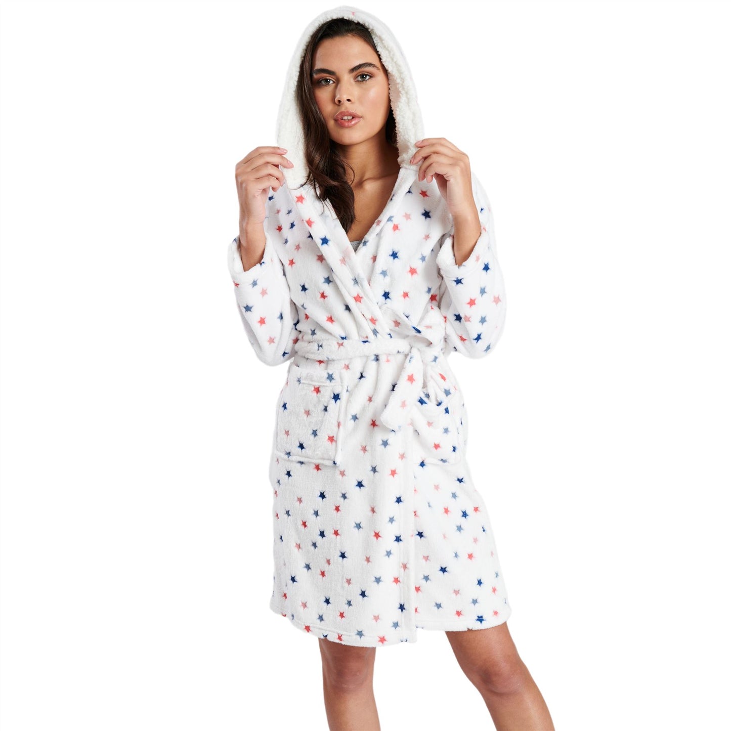 Loungeable Womens Star Embossed Fleece Hooded Robe - White/Multi