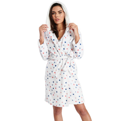 Loungeable Womens Star Embossed Fleece Hooded Robe - White/Multi