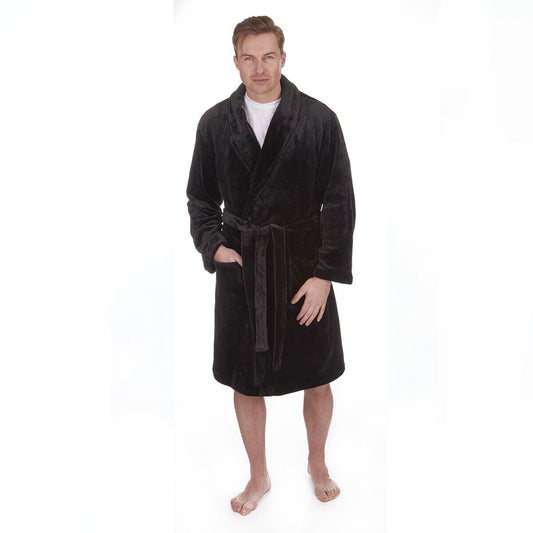 Pierre Roche Mens Super Soft Flannel Fleece Robe - Black (3XL-5XL)