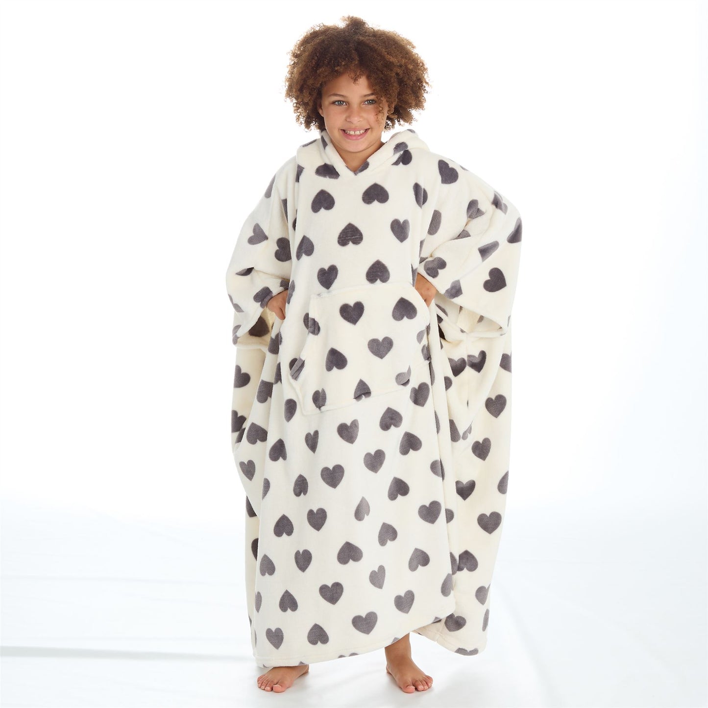 Huggable Hoodie Kids Fleece Oversized Poncho - Cream/Grey Hearts