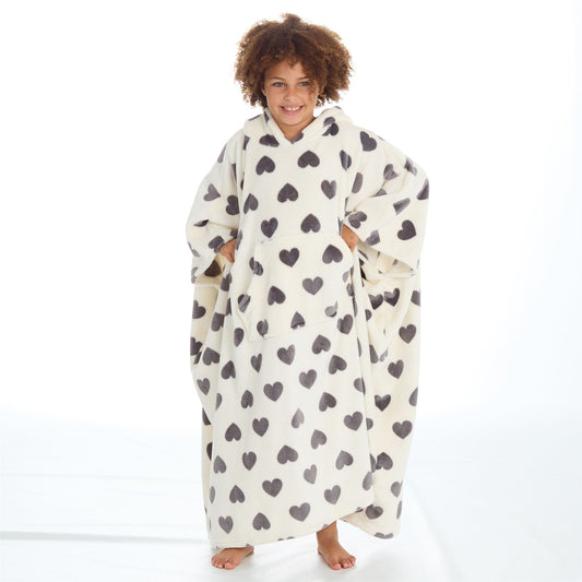 Huggable Hoodie Kids Fleece Oversized Poncho - Cream/Grey Hearts