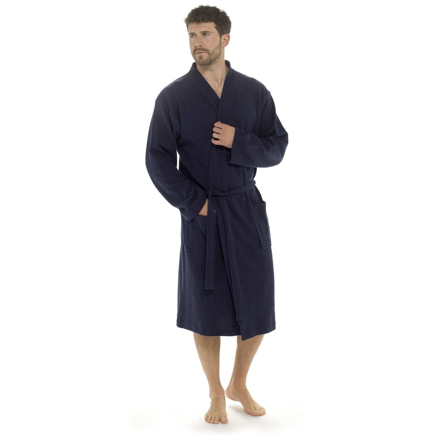 Tom Franks Mens Textured Waffle Robe - Navy Tom Franks