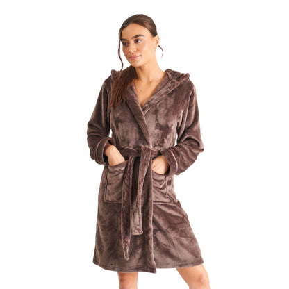 Loungeable Womens Satin Trim Fleece Hooded Robe - Chestnut