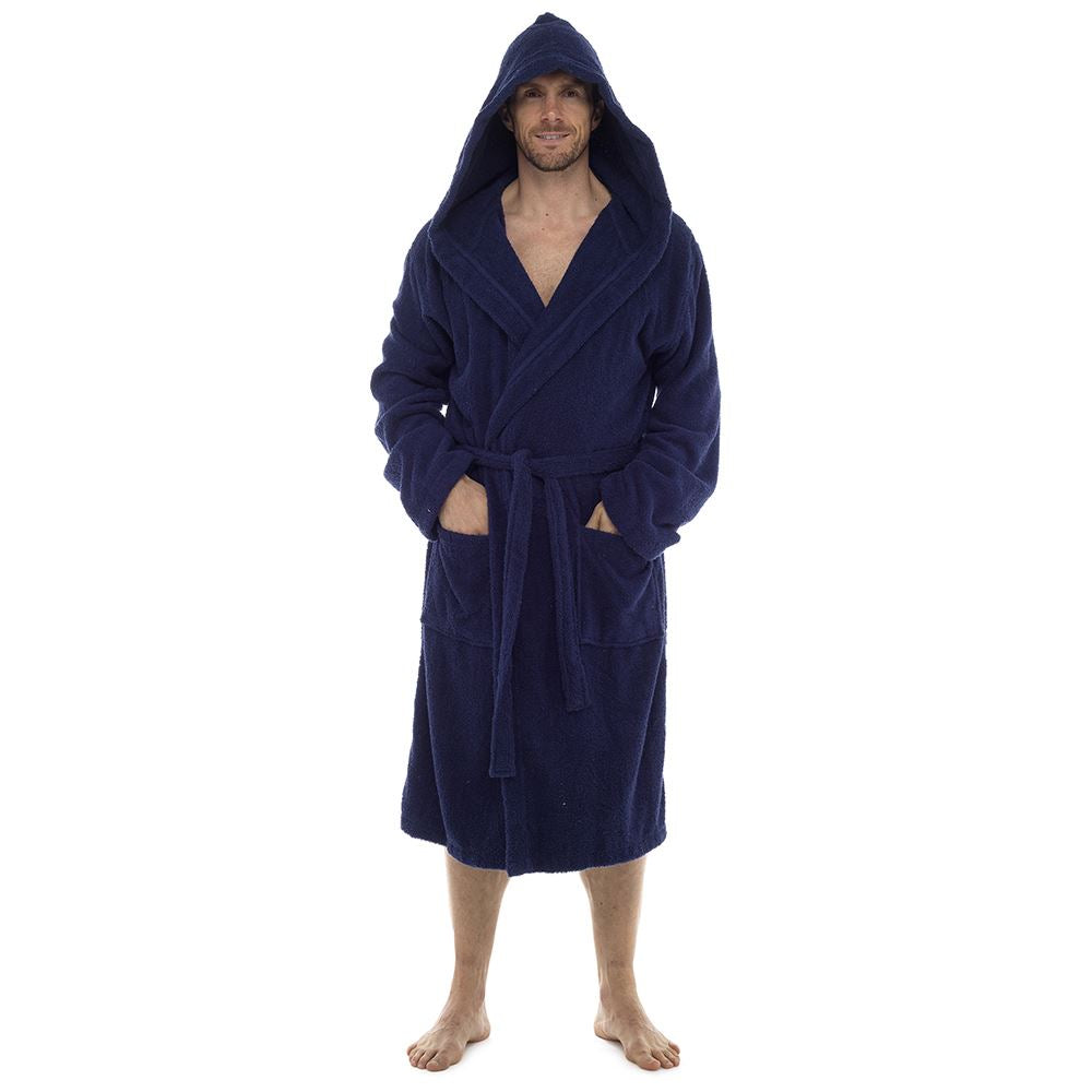 Tom Franks Mens Cotton Hooded Towelling Robe - Navy