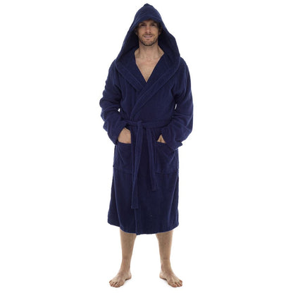 Tom Franks Mens Cotton Hooded Towelling Robe - Navy