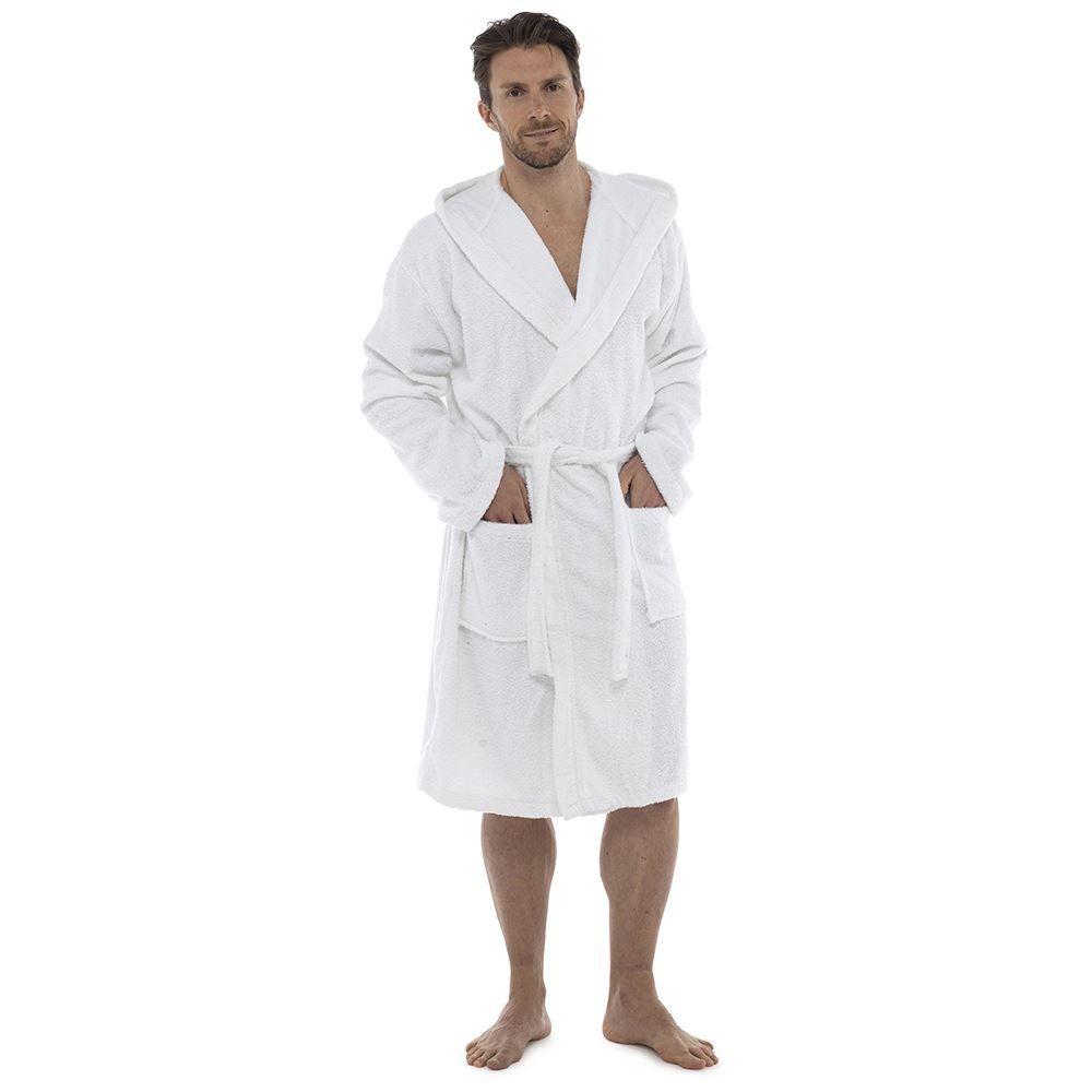 Tom Franks Mens Cotton Hooded Towelling Robe - White