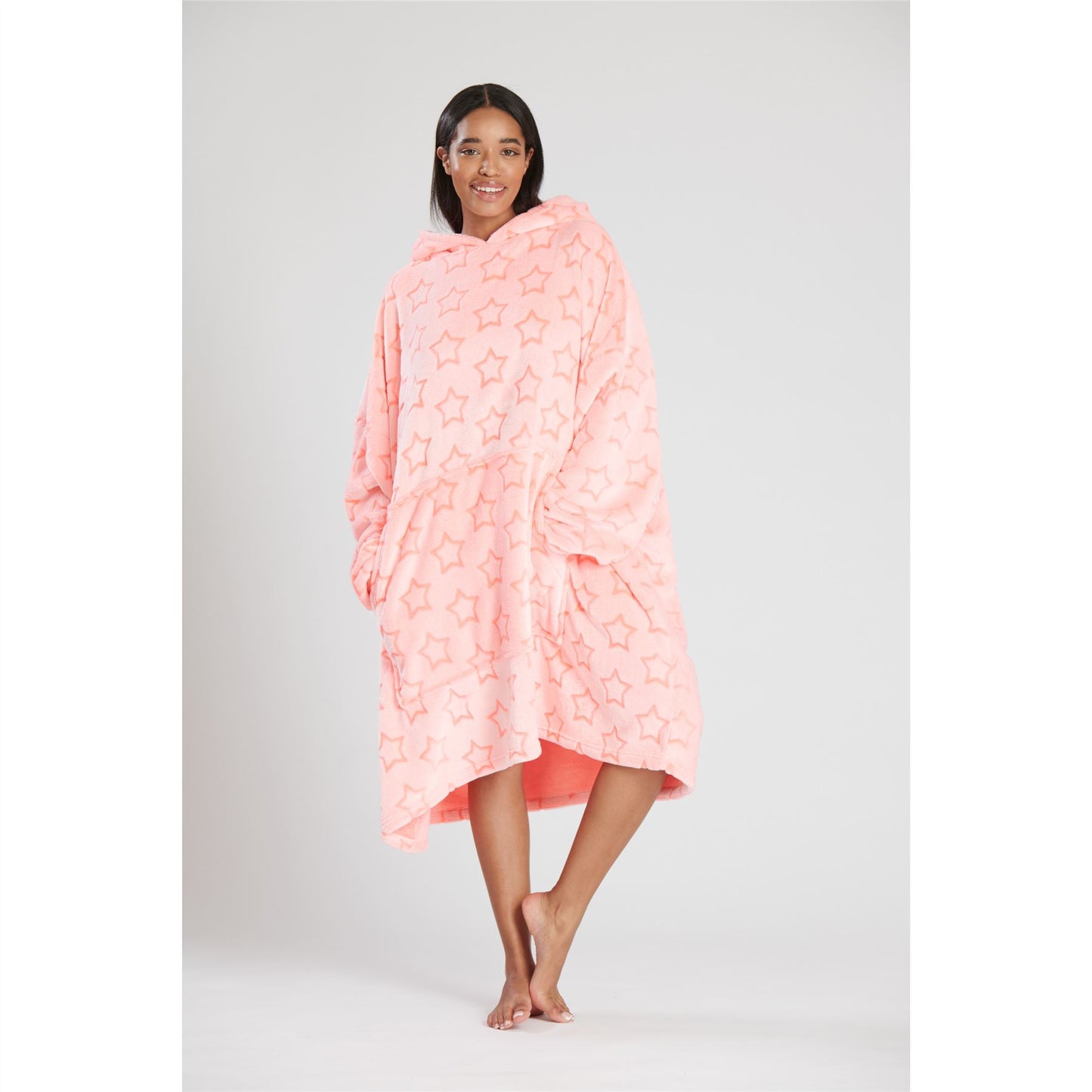 Loungeable Womens Long Fleece Hooded Star Poncho - Pink