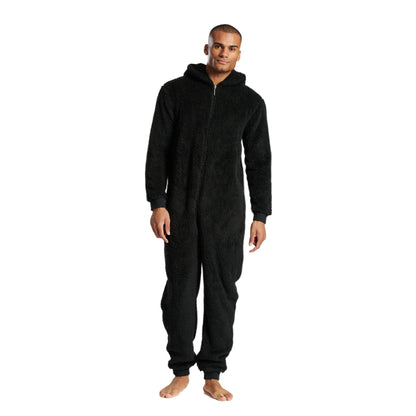 Loungeable Mens Sherpa Fleece Hooded Onesie - Black