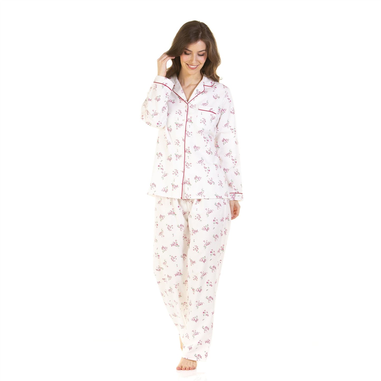 Sue Marks Womens Floral Button Through Brushed Cotton Pyjamas - Pink