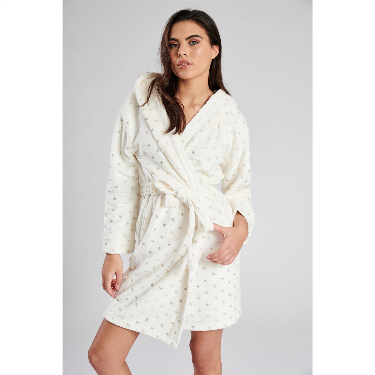 Loungeable Womens Foil Star Fleece Hooded Robe - Cream/Gold