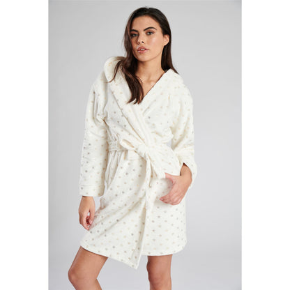 Loungeable Womens Foil Star Fleece Hooded Robe - Cream/Gold
