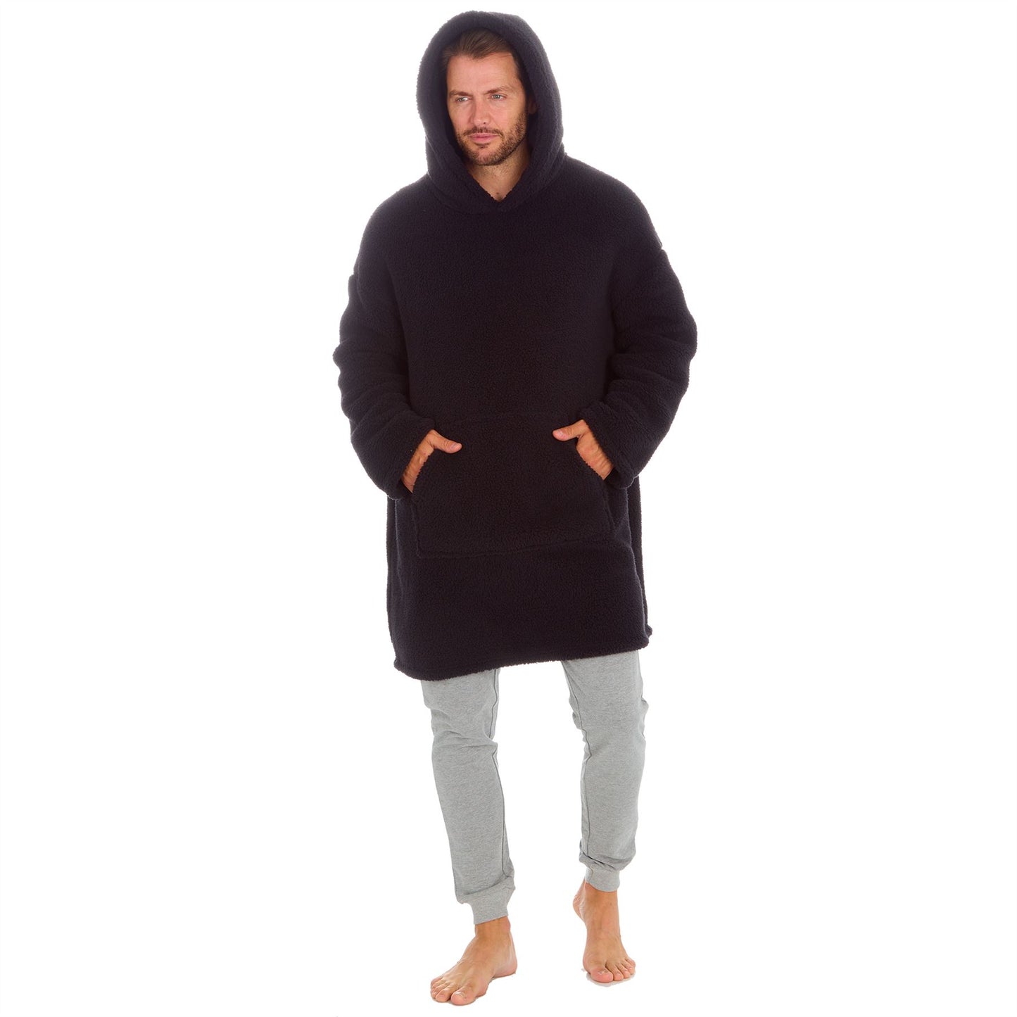 Huggable Hoodie Mens Borg Fleece Oversized Hoodie - Black